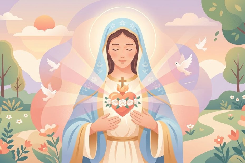 Oración de consagración a María - un corazón humano estilizado colocado entre las manos de la Virgen
